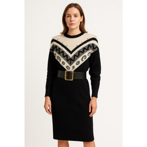 Vintage 80s Yarnworks Geometric Sweater Dress Black Cream Shoulder Pads L Career